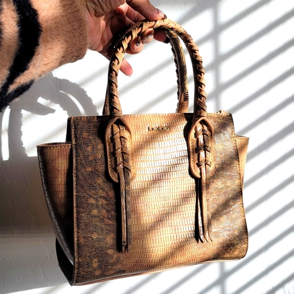 Bebe Faux Beige  Snakeskin Mini Tote - Picture 1 of 6